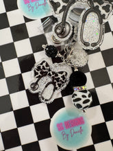 Load image into Gallery viewer, Cow Print Stethoscope Bow Retractable Badge Reel
