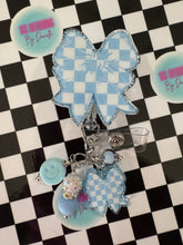 Load image into Gallery viewer, Checkered Bow Light Blue Retractable Badge Reel
