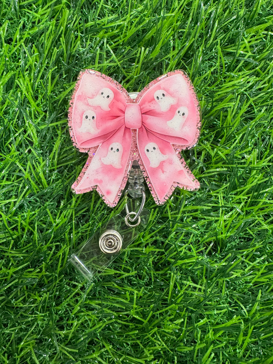 Pink Ghost Bow Retractable Badge Reel
