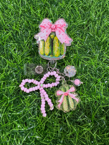 Pickle Jar With Pink Bow Retractable Badge Reel