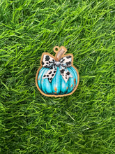 Load image into Gallery viewer, Turquoise Pumpkin With Cowprint Bow Acrylic Blank &amp; Decal Set
