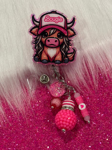 Bougie Pink Highland Cow Retractable Badge Reel