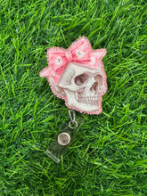 Load image into Gallery viewer, Skull With Pink Ghost Bow Retractable Badge Reel
