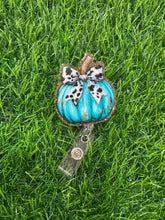 Load image into Gallery viewer, Teal Pumpkin With Cow Print Bow Retractable Badge Reel
