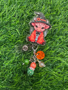 Fall Witch Highland Cow Retractable Badge Reel