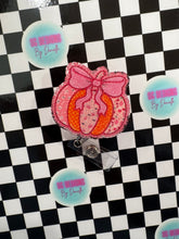 Load image into Gallery viewer, Pink Lace Patchwork Pumpkin Retractable Badge Reel
