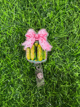 Load image into Gallery viewer, Pickle Jar With Pink Bow Retractable Badge Reel
