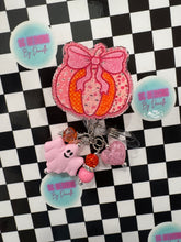 Load image into Gallery viewer, Pink Lace Patchwork Pumpkin Retractable Badge Reel
