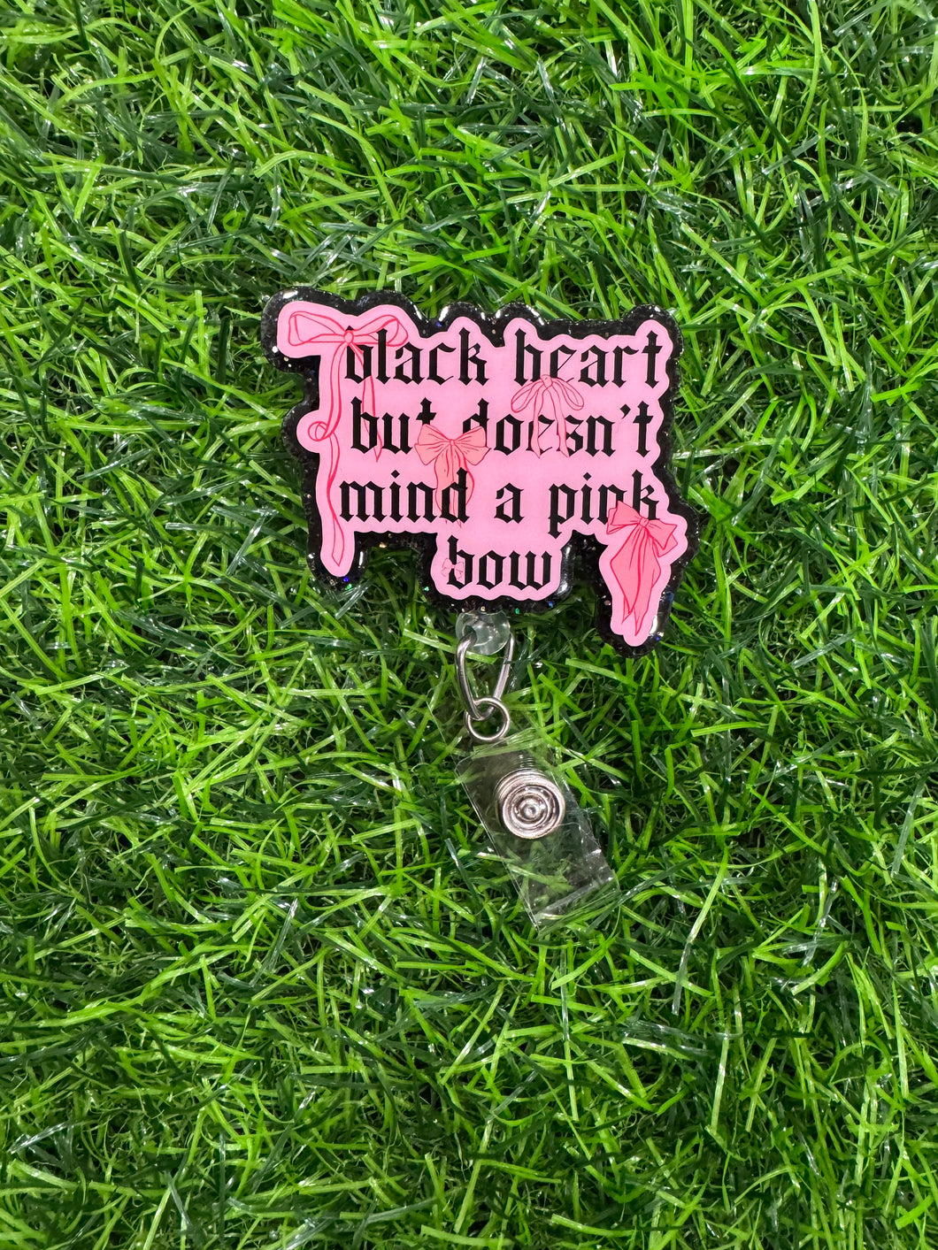 Black Heart Pink Bow Retractable Badge Reel