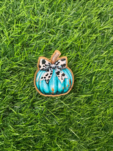 Load image into Gallery viewer, Turquoise Pumpkin With Cowprint Bow Acrylic Blank &amp; Decal Set
