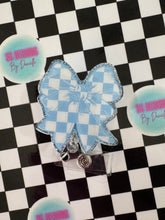 Load image into Gallery viewer, Checkered Bow Light Blue Retractable Badge Reel
