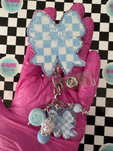 Load image into Gallery viewer, Checkered Bow Light Blue Retractable Badge Reel

